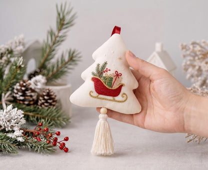 Embroidered Christmas Tree Ornament, Santa Sleigh Linen Ornament, Handmade Holiday Decor, Rustic Xmas Keepsake, Christmas Gift for Home Gift