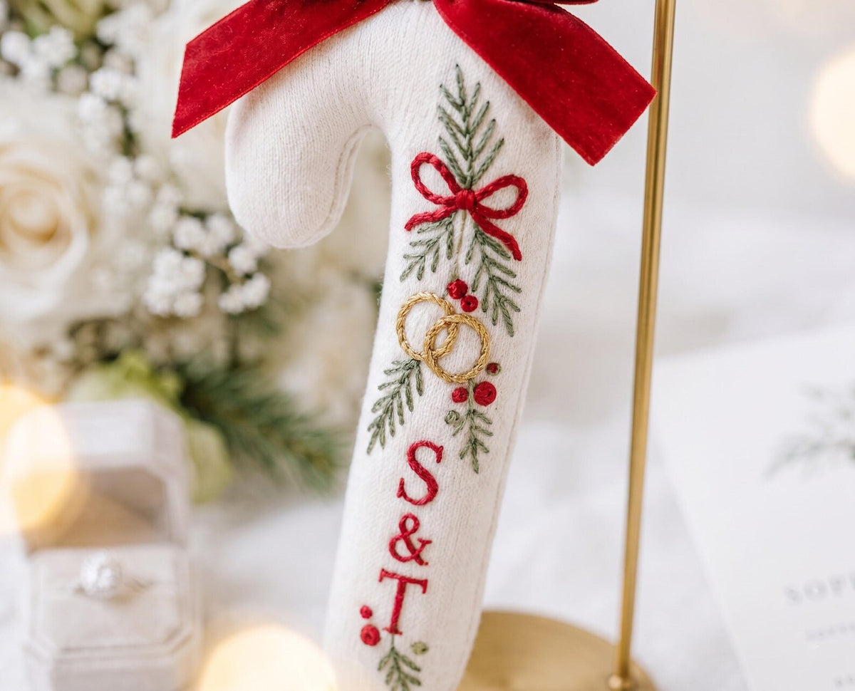 Personalized Candy Cane Ornament, Embroidered Christmas Wedding Ornament, Custom Initials Ring Ornament, Red Bow Holiday Keepsake Gift Decor