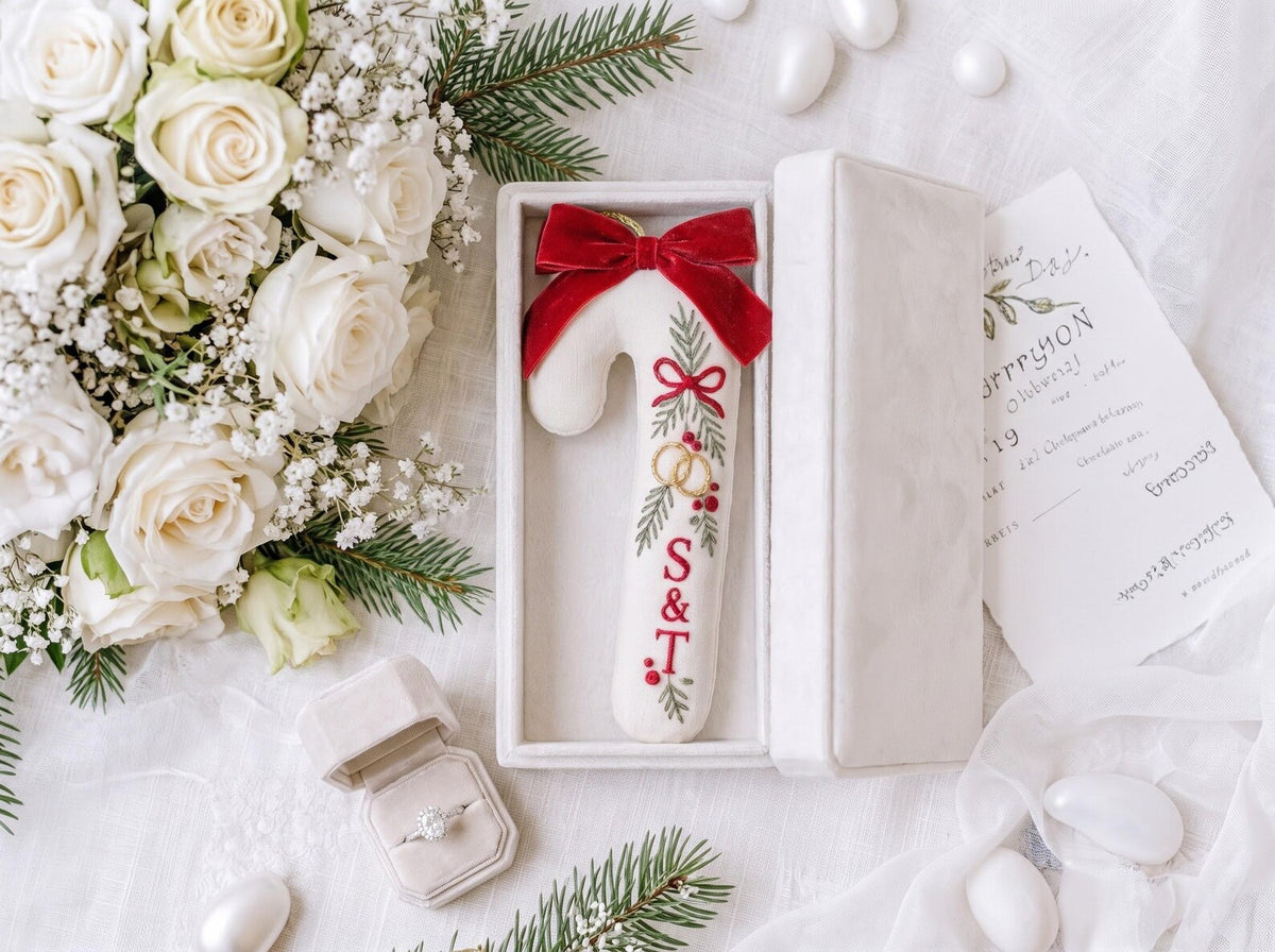 Personalized Candy Cane Ornament, Embroidered Christmas Wedding Ornament, Custom Initials Ring Ornament, Red Bow Holiday Keepsake Gift Decor