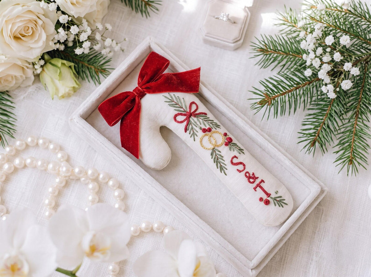 Personalized Candy Cane Ornament, Embroidered Christmas Wedding Ornament, Custom Initials Ring Ornament, Red Bow Holiday Keepsake Gift Decor