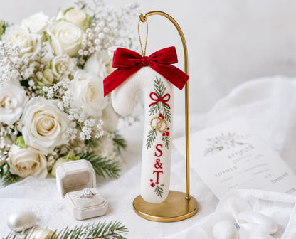 Personalized Candy Cane Ornament, Embroidered Christmas Wedding Ornament, Custom Initials Ring Ornament, Red Bow Holiday Keepsake Gift Decor