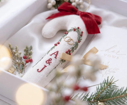 Personalized Candy Cane Ornament, Embroidered Christmas Wedding Ornament, Holly Ring Ornament, Custom Couple Initials, Red Bow Ornament Gift