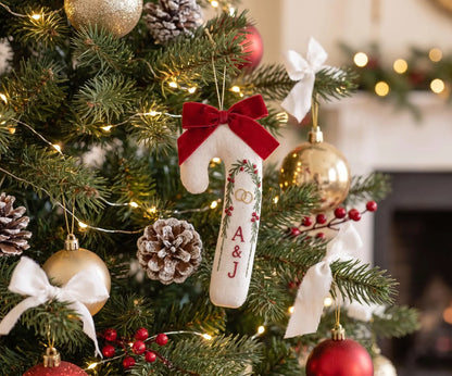 Personalized Candy Cane Ornament, Embroidered Christmas Wedding Ornament, Holly Ring Ornament, Custom Couple Initials, Red Bow Ornament Gift