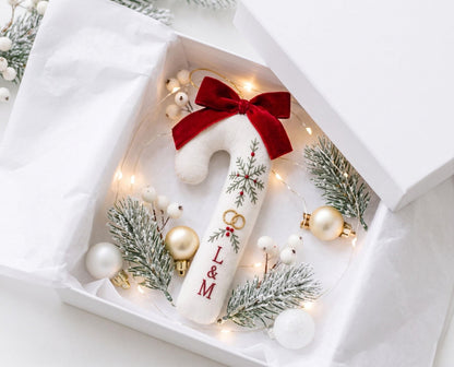 Personalized Candy Cane Ornament, Embroidered Christmas Wedding Ornament, Snowflake Ring Ornament, Custom Initials, Red Velvet Bow Xmas Gift