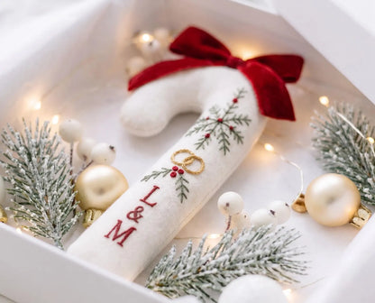 Personalized Candy Cane Ornament, Embroidered Christmas Wedding Ornament, Snowflake Ring Ornament, Custom Initials, Red Velvet Bow Xmas Gift