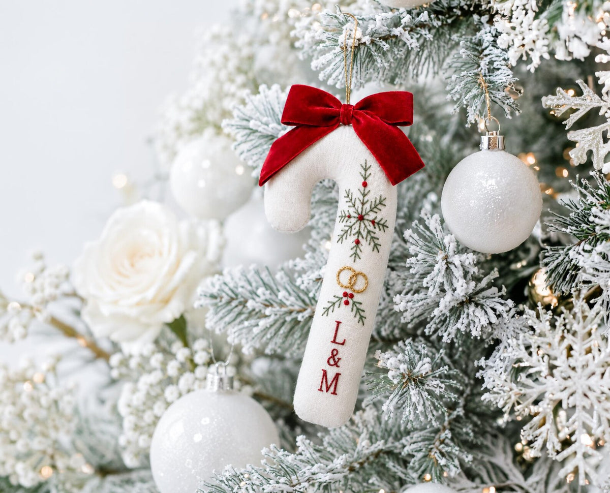 Personalized Candy Cane Ornament, Embroidered Christmas Wedding Ornament, Snowflake Ring Ornament, Custom Initials, Red Velvet Bow Xmas Gift