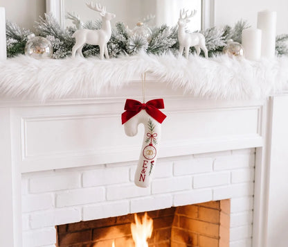Personalized Candy Cane Ornament, Embroidered Christmas Wedding Ornament, Bauble Ring Ornament, Custom Couple Initials, Red Velvet Bow Decor