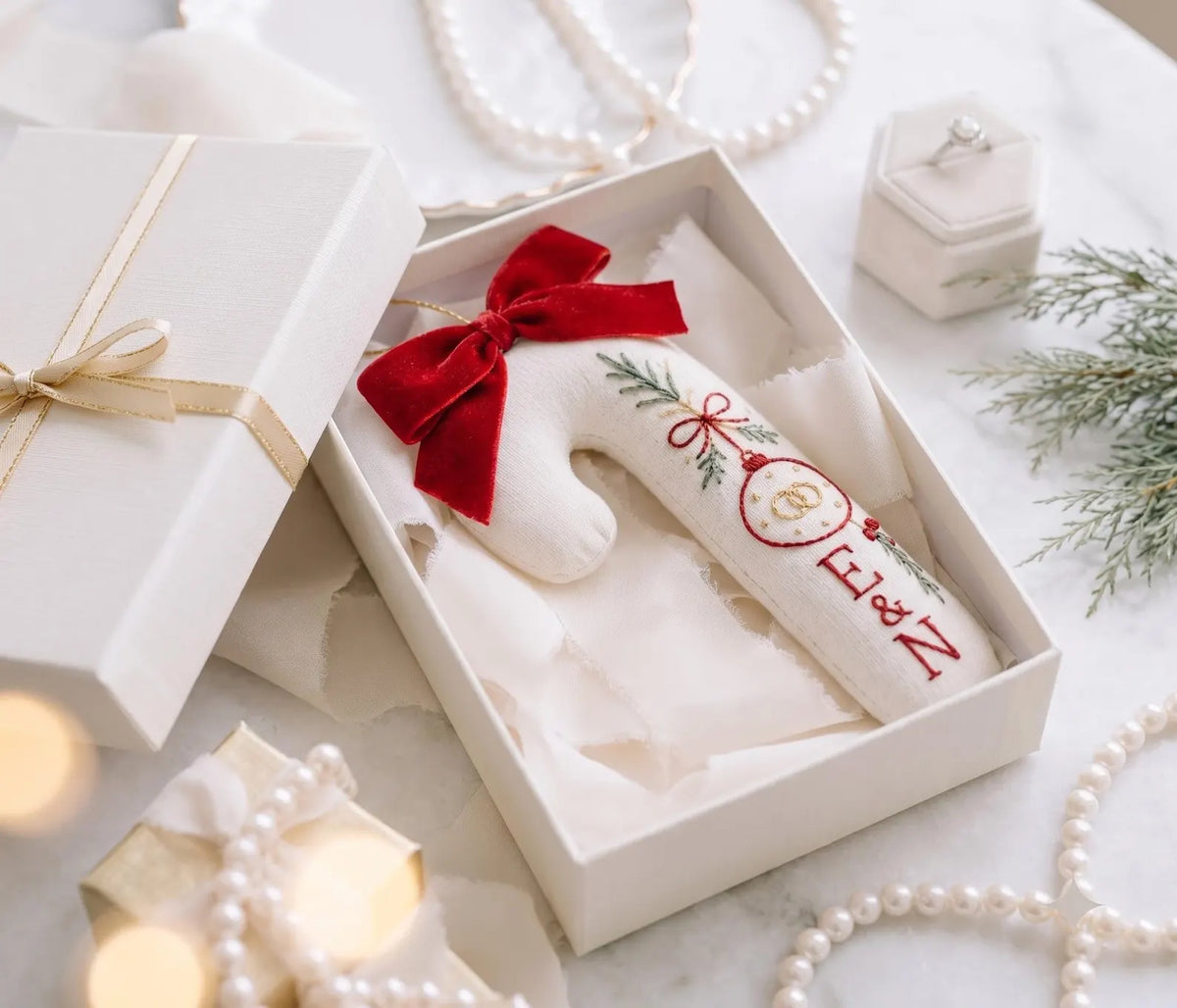 Personalized Candy Cane Ornament, Embroidered Christmas Wedding Ornament, Bauble Ring Ornament, Custom Couple Initials, Red Velvet Bow Decor