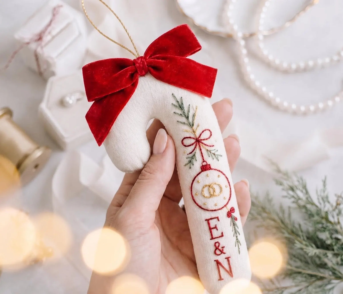 Personalized Candy Cane Ornament, Embroidered Christmas Wedding Ornament, Bauble Ring Ornament, Custom Couple Initials, Red Velvet Bow Decor