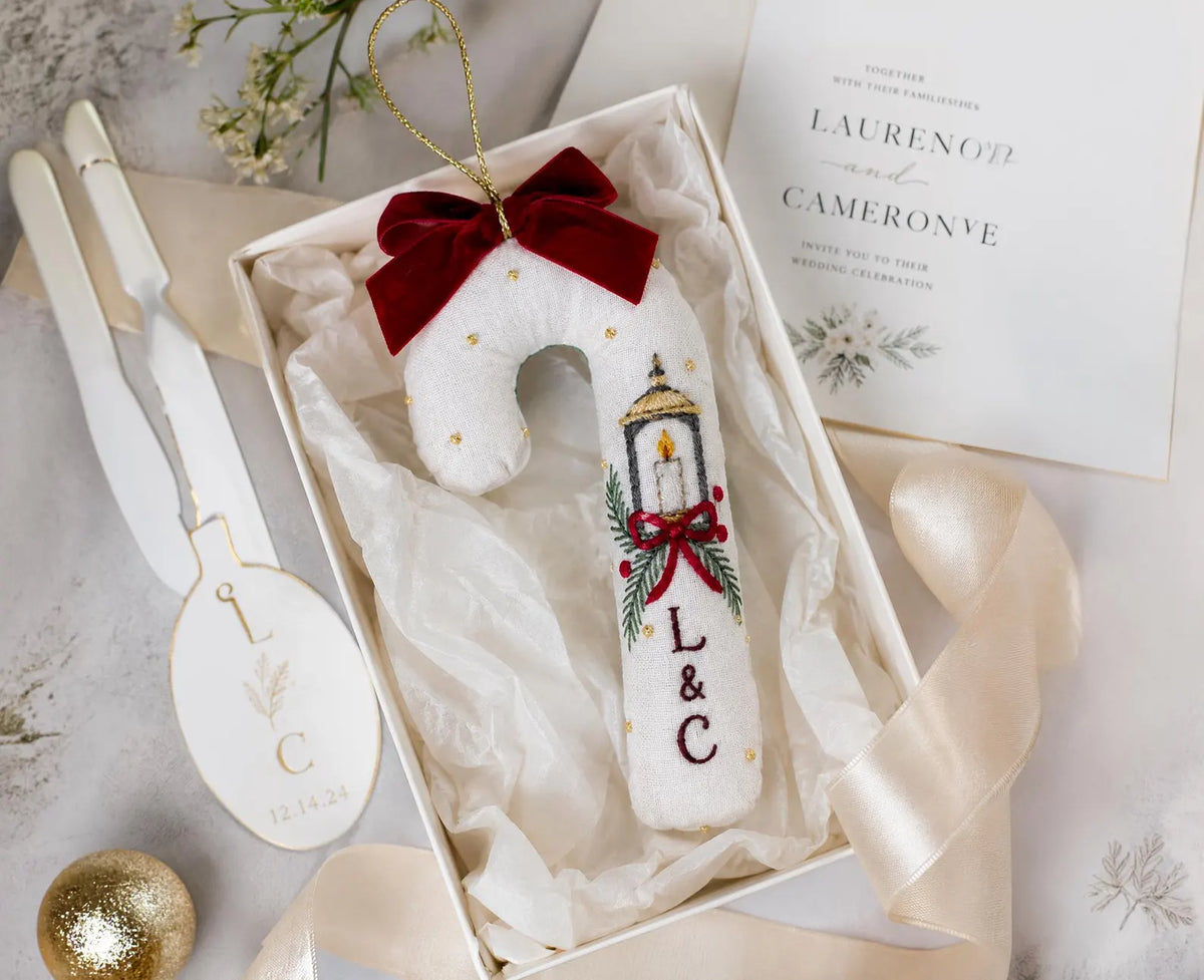 Personalized Candy Cane Ornament, Embroidered Christmas Wedding Ornament, Candle Lantern Ornament, Custom Couple Initials, Handmade Keepsake