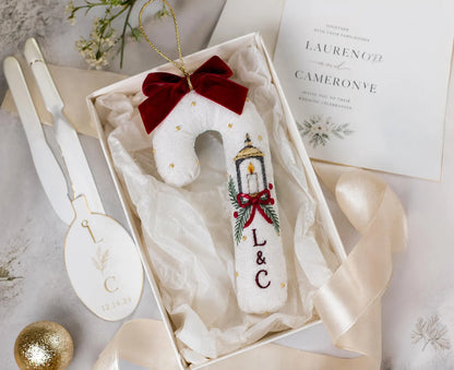 Personalized Candy Cane Ornament, Embroidered Christmas Wedding Ornament, Candle Lantern Ornament, Custom Couple Initials, Handmade Keepsake