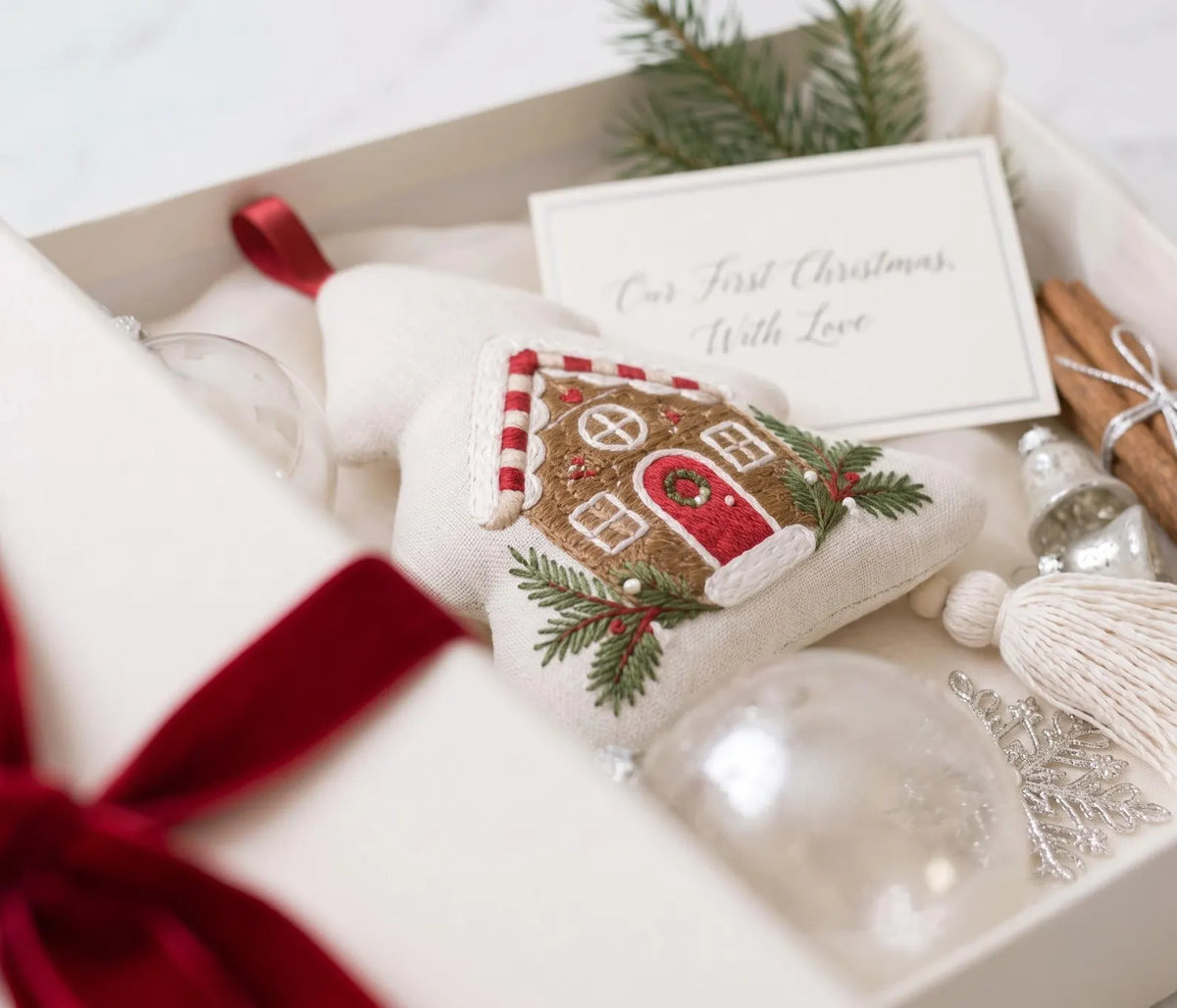 Embroidered Christmas Tree Ornament, Gingerbread House Linen Ornament, Rustic Holiday Decor, Neutral Christmas Keepsake, Handmade Home Gifts