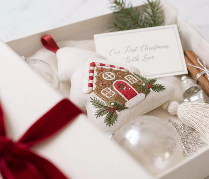 Embroidered Christmas Tree Ornament, Gingerbread House Linen Ornament, Rustic Holiday Decor, Neutral Christmas Keepsake, Handmade Home Gifts