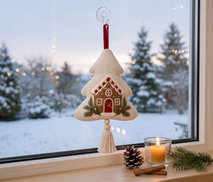 Embroidered Christmas Tree Ornament, Gingerbread House Linen Ornament, Rustic Holiday Decor, Neutral Christmas Keepsake, Handmade Home Gifts