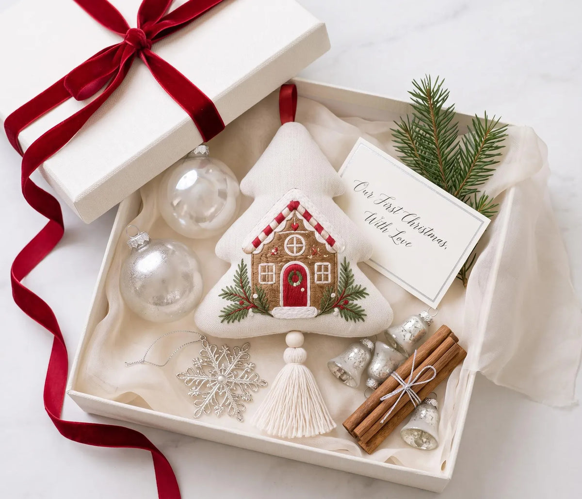 Embroidered Christmas Tree Ornament, Gingerbread House Linen Ornament, Rustic Holiday Decor, Neutral Christmas Keepsake, Handmade Home Gifts