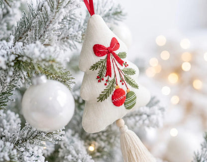 Embroidered Christmas Tree Ornament, Hanging Baubles Linen Ornament, Rustic Holiday Decor, Neutral Christmas Keepsake, Handmade Holiday Gift