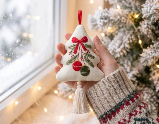 Embroidered Christmas Tree Ornament, Hanging Baubles Linen Ornament, Rustic Holiday Decor, Neutral Christmas Keepsake, Handmade Holiday Gift
