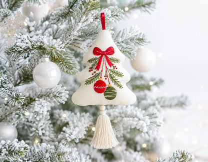 Embroidered Christmas Tree Ornament, Hanging Baubles Linen Ornament, Rustic Holiday Decor, Neutral Christmas Keepsake, Handmade Holiday Gift