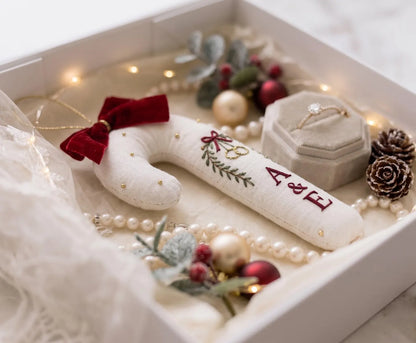 Personalized Candy Cane Ornament, Embroidered Christmas Wedding Ornament, Wedding Rings and Initials, Red Velvet Bow, Holiday Keepsake Gifts