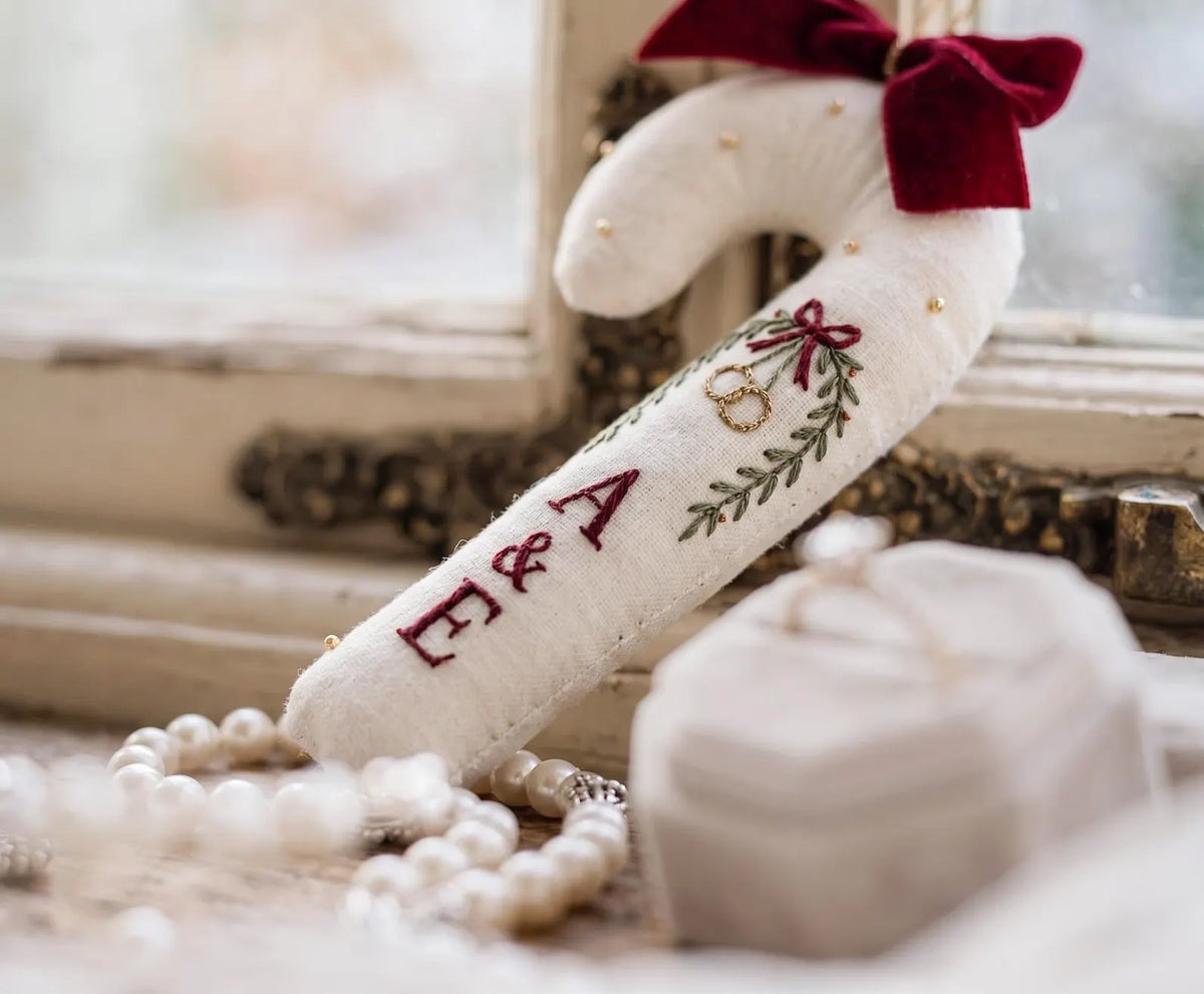Personalized Candy Cane Ornament, Embroidered Christmas Wedding Ornament, Wedding Rings and Initials, Red Velvet Bow, Holiday Keepsake Gifts