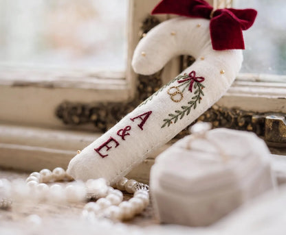 Personalized Candy Cane Ornament, Embroidered Christmas Wedding Ornament, Wedding Rings and Initials, Red Velvet Bow, Holiday Keepsake Gifts