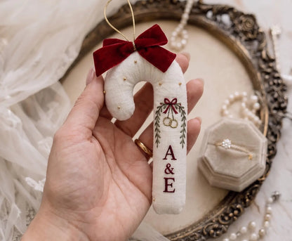 Personalized Candy Cane Ornament, Embroidered Christmas Wedding Ornament, Wedding Rings and Initials, Red Velvet Bow, Holiday Keepsake Gifts