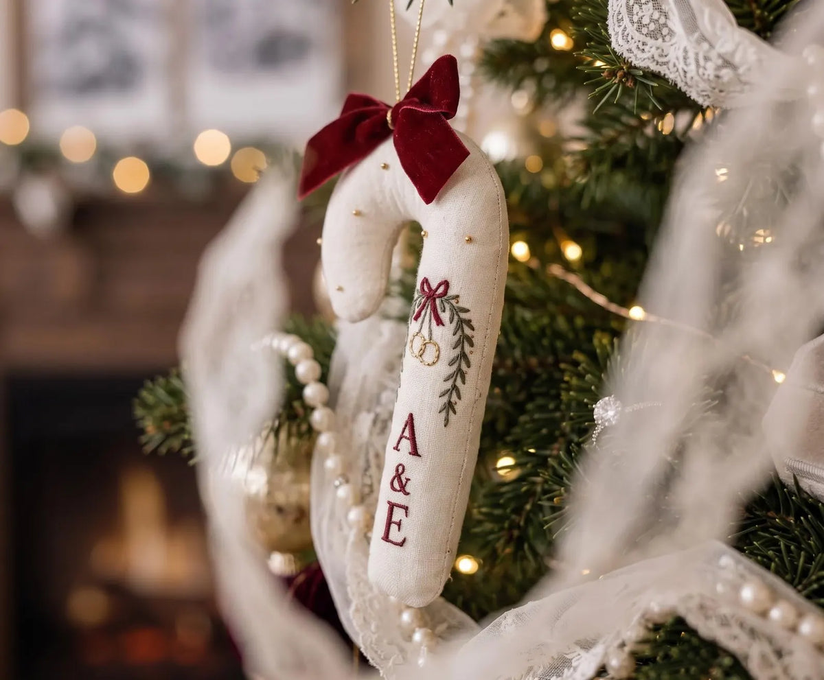 Personalized Candy Cane Ornament, Embroidered Christmas Wedding Ornament, Wedding Rings and Initials, Red Velvet Bow, Holiday Keepsake Gifts
