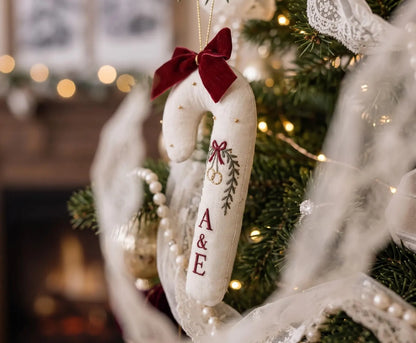 Personalized Candy Cane Ornament, Embroidered Christmas Wedding Ornament, Wedding Rings and Initials, Red Velvet Bow, Holiday Keepsake Gifts