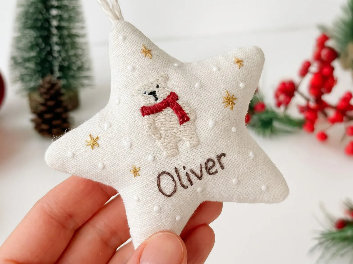 Personalized Christmas Star Ornament Hand Embroidered Polar Bear with Custom Name, Baby’s First Christmas Keepsake, Christmas Decoration