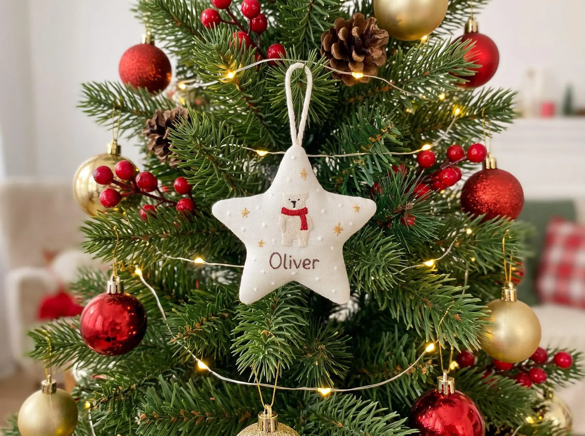 Personalized Christmas Star Ornament Hand Embroidered Polar Bear with Custom Name, Baby’s First Christmas Keepsake, Christmas Decoration