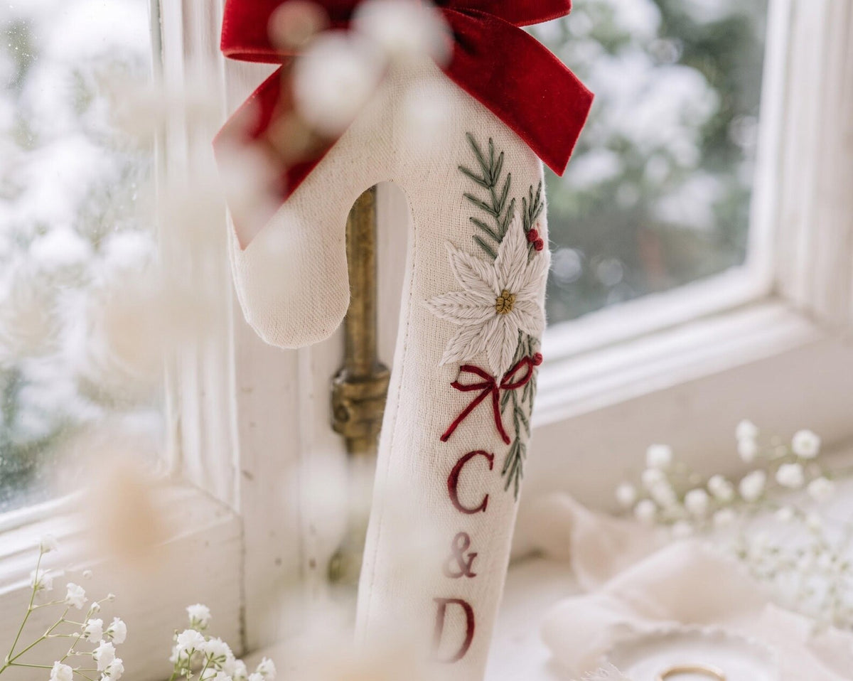 Personalized Candy Cane Ornament, Embroidered Christmas Wedding Ornament, Poinsettia Couple Initials, Red Velvet Bow, Christmas Wedding Gift