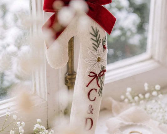 Personalized Candy Cane Ornament, Embroidered Christmas Wedding Ornament, Poinsettia Couple Initials, Red Velvet Bow, Christmas Wedding Gift