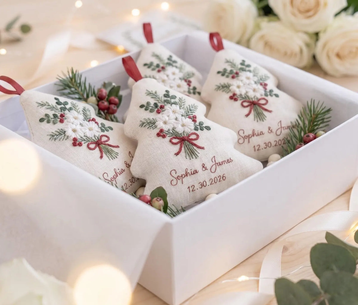 Personalized Christmas Tree Ornament, White Flowers Embroidered Wedding Ornament, Custom Couple Names & Date, Red Bow Holiday Keepsake Gifts