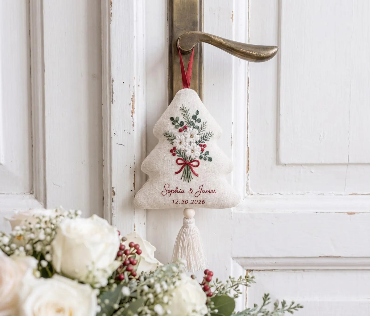 Personalized Christmas Tree Ornament, White Flowers Embroidered Wedding Ornament, Custom Couple Names & Date, Red Bow Holiday Keepsake Gifts