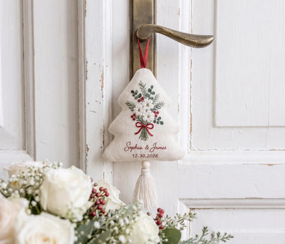 Personalized Christmas Tree Ornament, White Flowers Embroidered Wedding Ornament, Custom Couple Names & Date, Red Bow Holiday Keepsake Gifts