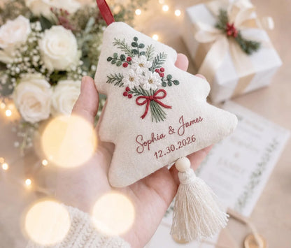 Personalized Christmas Tree Ornament, White Flowers Embroidered Wedding Ornament, Custom Couple Names & Date, Red Bow Holiday Keepsake Gifts