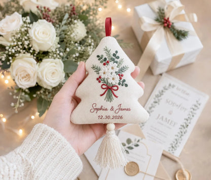 Personalized Christmas Tree Ornament, White Flowers Embroidered Wedding Ornament, Custom Couple Names & Date, Red Bow Holiday Keepsake Gifts