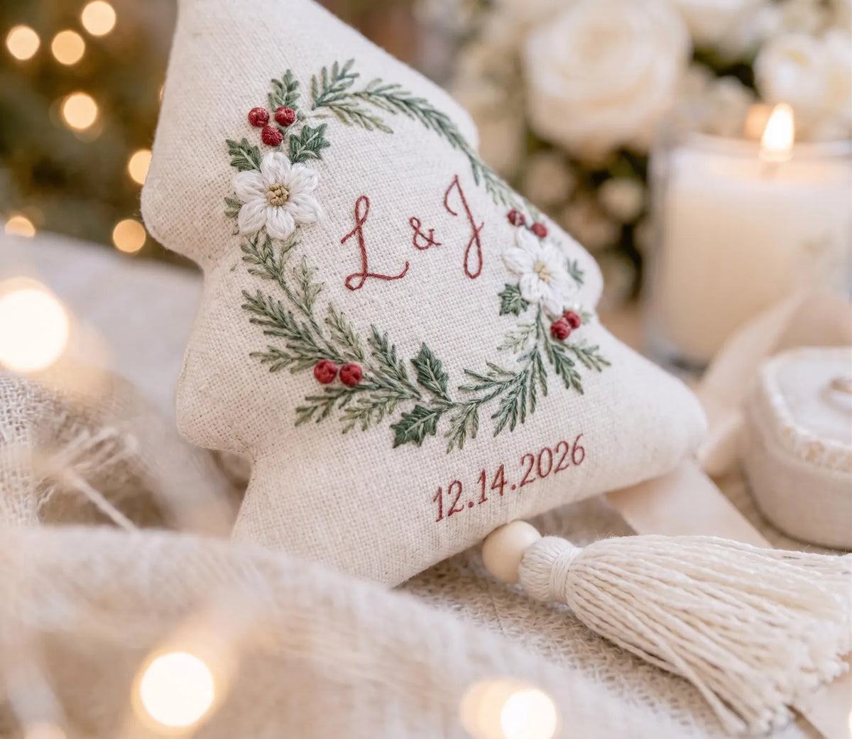 Personalized Christmas Tree Ornament, Embroidered Wedding Ornament, Holly Wreath Couple Initials, Custom Date, Holiday Wedding Keepsake Gift