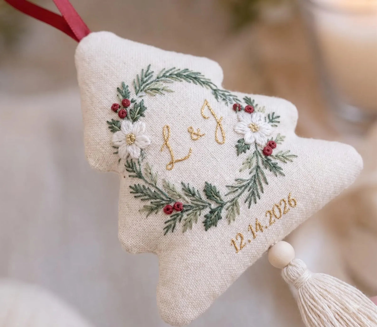 Personalized Christmas Tree Ornament, Embroidered Wedding Ornament, Holly Wreath Couple Initials, Custom Date, Holiday Wedding Keepsake Gift