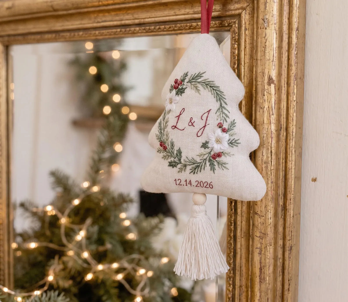 Personalized Christmas Tree Ornament, Embroidered Wedding Ornament, Holly Wreath Couple Initials, Custom Date, Holiday Wedding Keepsake Gift