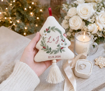 Personalized Christmas Tree Ornament, Embroidered Wedding Ornament, Holly Wreath Couple Initials, Custom Date, Holiday Wedding Keepsake Gift