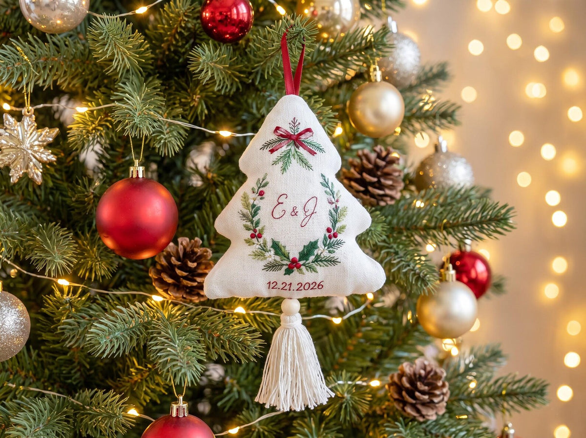 Personalized Christmas Tree Shaped Wedding Ornament, Hand Embroidered Linen Keepsake, Custom Initials & Date, First Christmas Married Gift