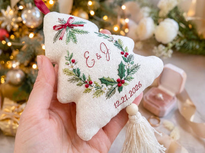 Personalized Christmas Tree Shaped Wedding Ornament, Hand Embroidered Linen Keepsake, Custom Initials & Date, First Christmas Married Gift