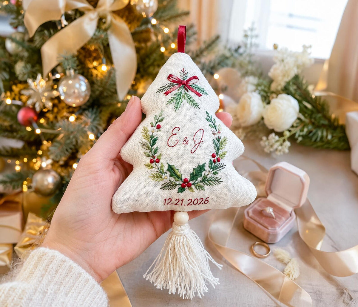 Personalized Christmas Tree Shaped Wedding Ornament, Hand Embroidered Linen Keepsake, Custom Initials & Date, First Christmas Married Gift