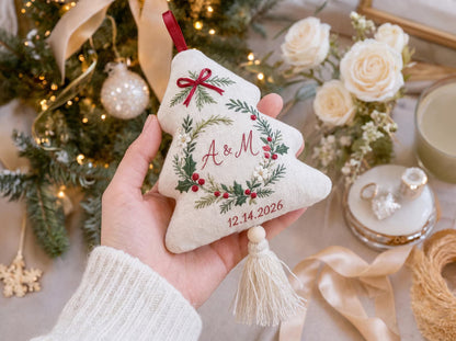 Personalized Christmas Tree Shaped Wedding Ornament, Hand Embroidered Linen Keepsake, Custom Initials & Date, First Christmas Married Gift