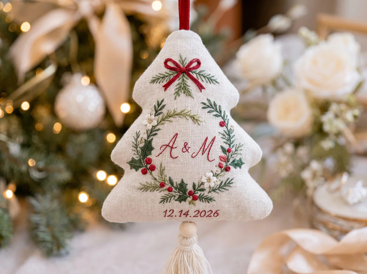 Personalized Christmas Tree Shaped Wedding Ornament, Hand Embroidered Linen Keepsake, Custom Initials & Date, First Christmas Married Gift