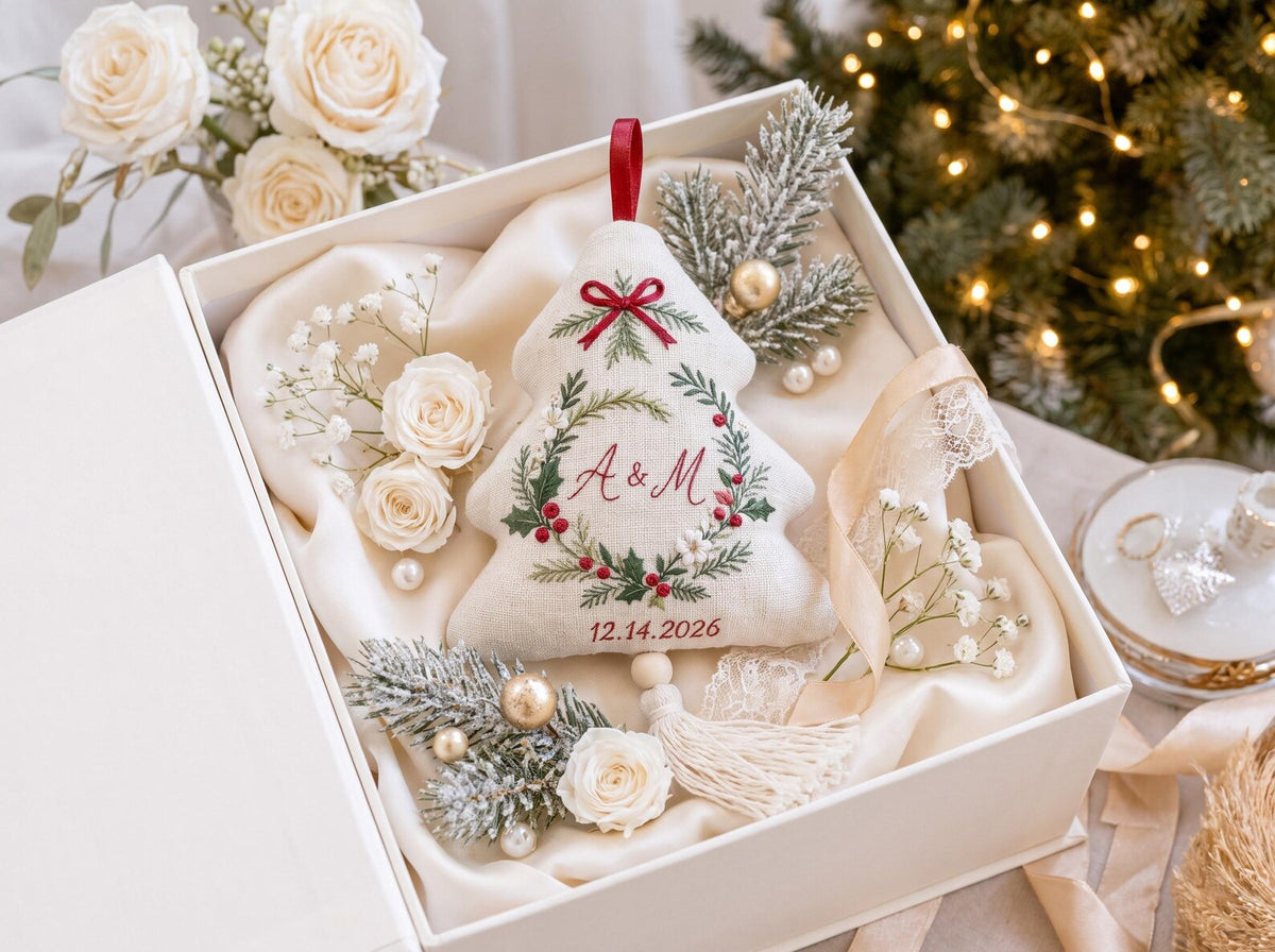 Personalized Christmas Tree Shaped Wedding Ornament, Hand Embroidered Linen Keepsake, Custom Initials & Date, First Christmas Married Gift