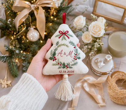 Personalized Christmas Tree Shaped Wedding Ornament, Hand Embroidered Linen Keepsake, Custom Initials & Date, First Christmas Married Gift
