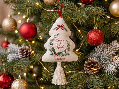 Personalized Christmas Tree Shaped Wedding Ornament, Hand Embroidered Linen Keepsake, Custom Names & Wedding Date, Newlywed Christmas Gift