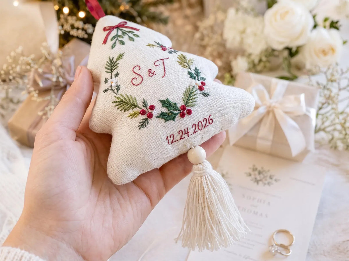 Personalized Christmas Tree Shaped Wedding Ornament, Hand Embroidered Linen Wreath, Custom Initials & Date, First Christmas Couple Keepsake